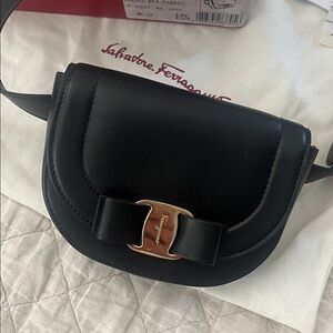 Salvatore Ferragamo Black Leather Belt Bag with Vara Bow and Gold Buckle
